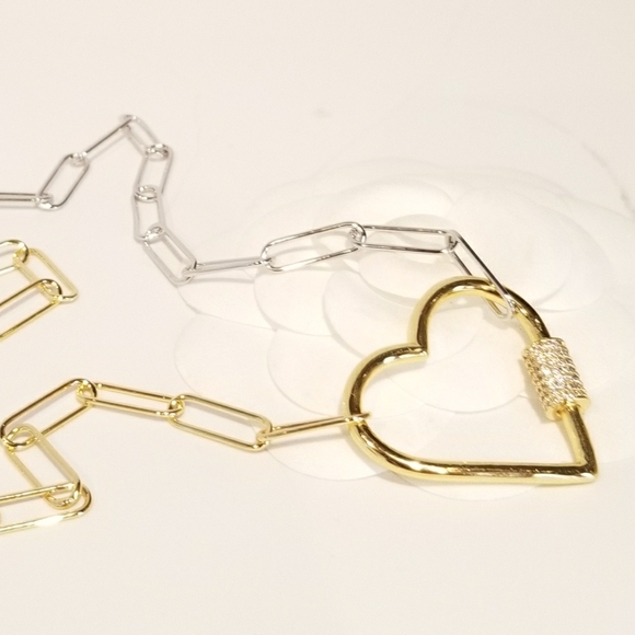 2 Tone Paperclip Pave CZ Heart Carabiner Necklace - Picture 4 of 7